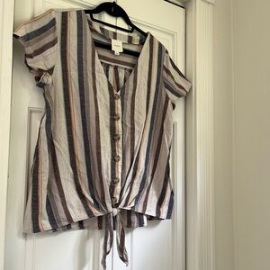 Harper Top Women Large Striped Boho Button Up Tie Knot Short Sleeve 100% cotton